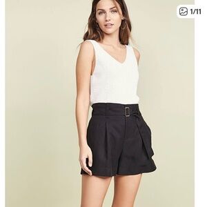 Club Monaco Darcee Black High-Rise Belted Pleated Shorts Lyocell Linen